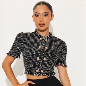 Fashion Nova Black and White Tweed Top with Gold Buttons